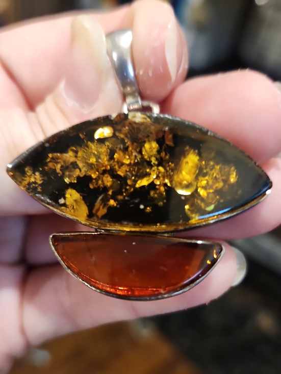 Jewelry - Two Types of Amber in a Silver Edged Double Marquise Pendant with Inclusions